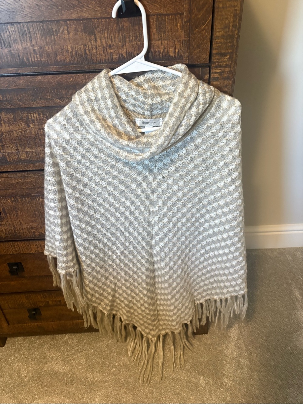 dressbarn Cream and Taupe Knit Fringe Poncho